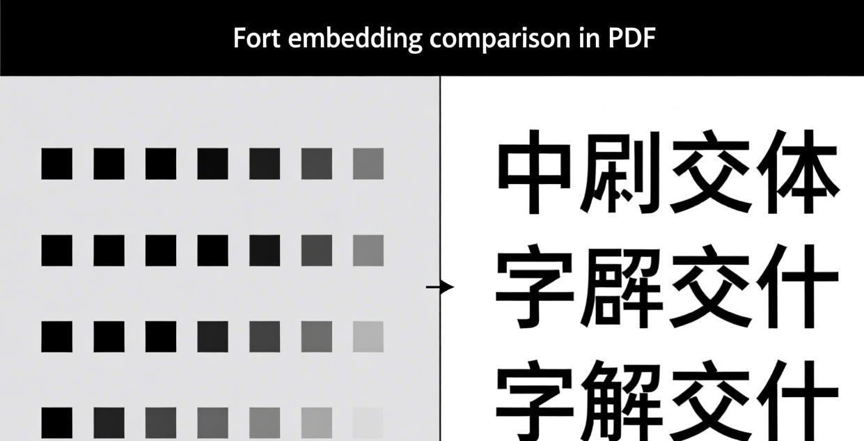 Font embedding comparison in PDF: left side shows 