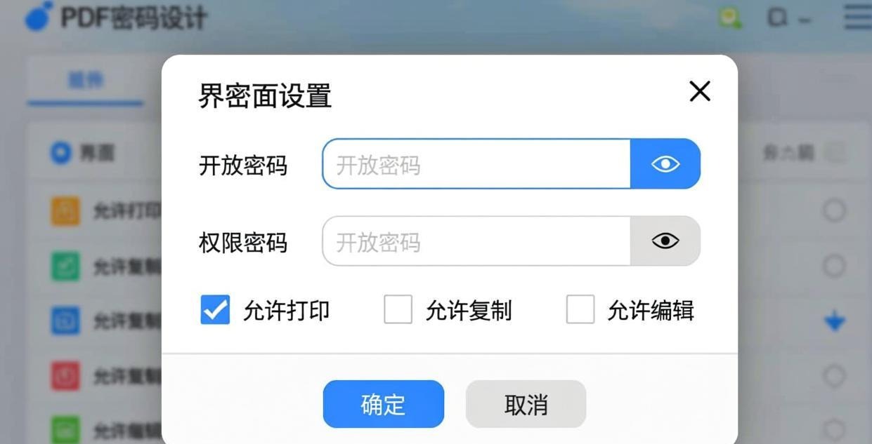 PDF password setup dialog with open password field